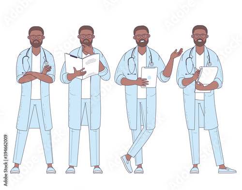 Flat design vector afro american doctor with stethoscope character poses and actions set.