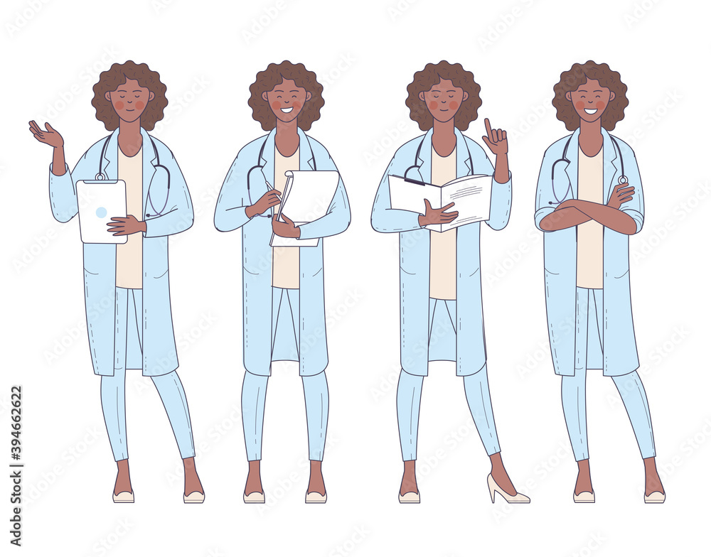 Flat design afro american vector woman doctor with stethoscope character poses and actions set. Flat design afro american vector woman doctor with stethoscope character poses and actions set.