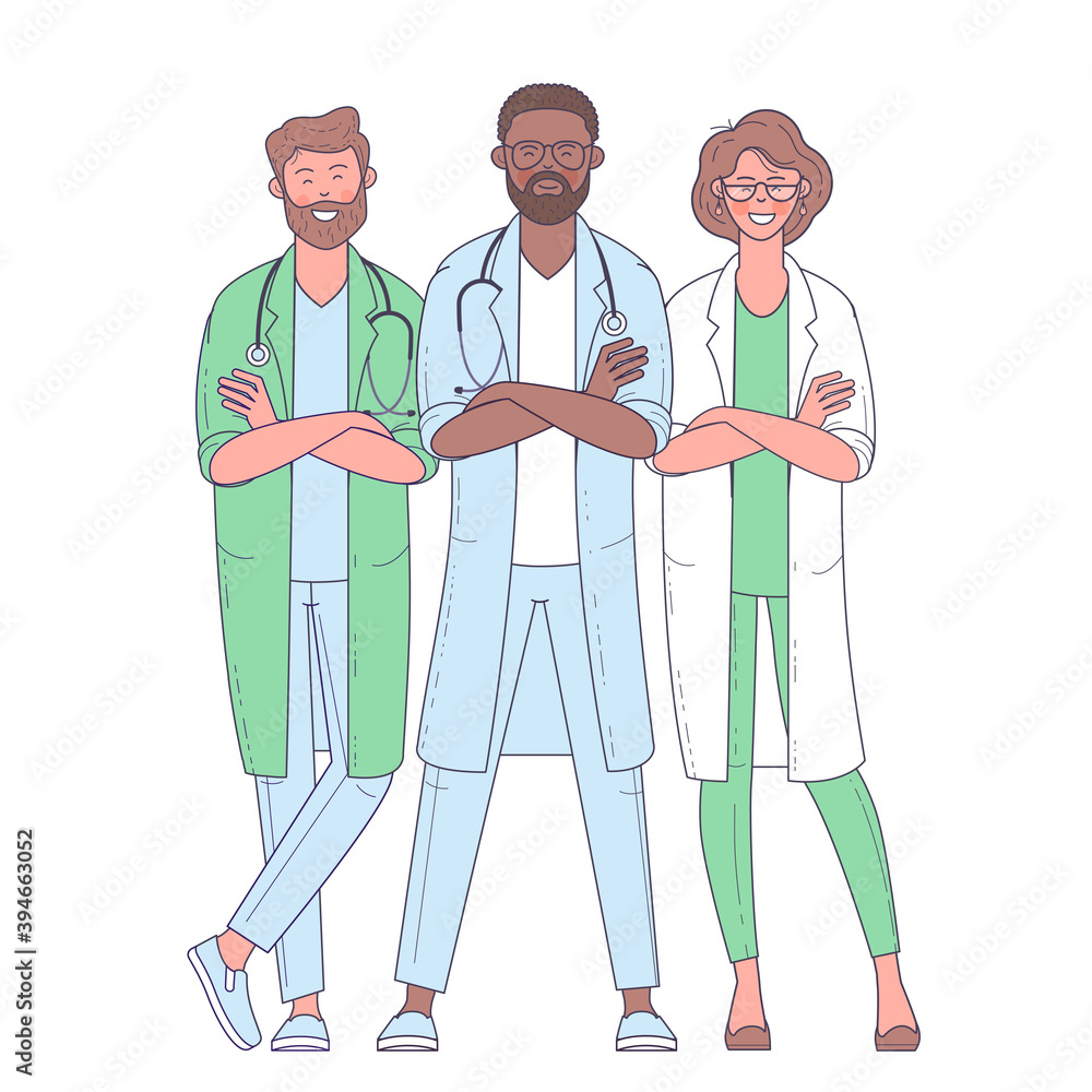 Multicultural group of medics. The medical team in white face masks. Doctor, nurse, surgeon. Flat design vector characters. Multicultural group of medics. The medical team in white face masks. Doctor, nurse, surgeon. Flat design vector characters.