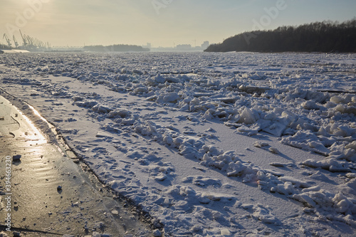 Embankment of the Irtysh river in Omsk in winter  in the evening. Russia.