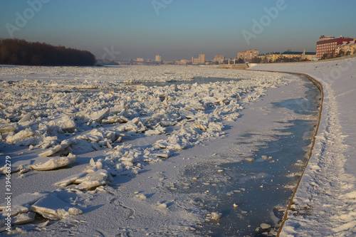 Embankment of the Irtysh river in Omsk in winter  in the evening. Russia.