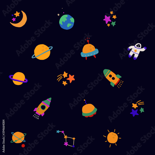 pattern with space, vector, hand drawn pattern, space ships, planets, stars and earth. Vector illustration on dark background © 예슬 최