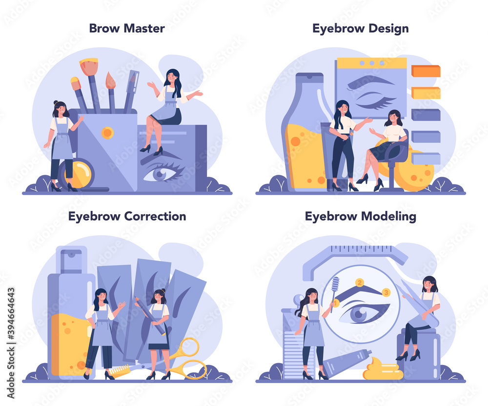 Eyebrow master and designer concept set. Master making perfect brow Eyebrow master and designer concept set. Master making perfect brow