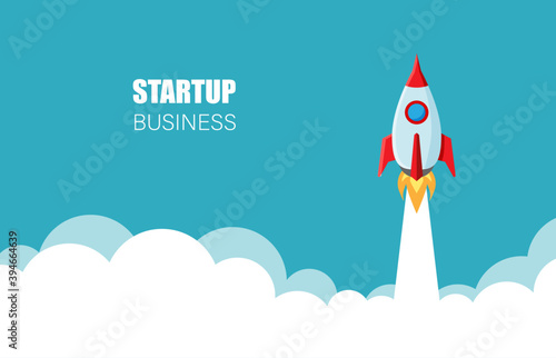 Rocket launch in a flat style isolated on blue background. Business product concept. Project start up and innovation product. Vector illustration. © Yuliia