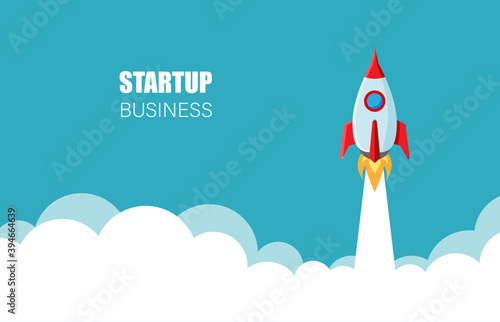 Rocket launch in a flat style isolated on blue background. Business product concept. Project start up and innovation product. Vector illustration.