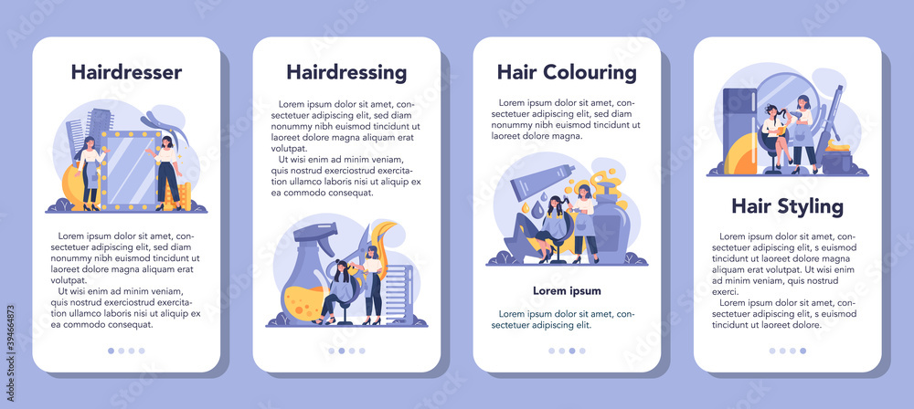 Hairdresser mobile application banner set. Idea of hair care
