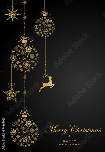 Gold christmas ball  star made from snowflakes and dear on black background. New year texure. Vector illustration