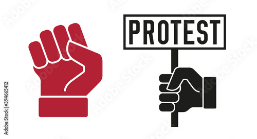 Protest hand holds placard and rased fist. Vector illustration