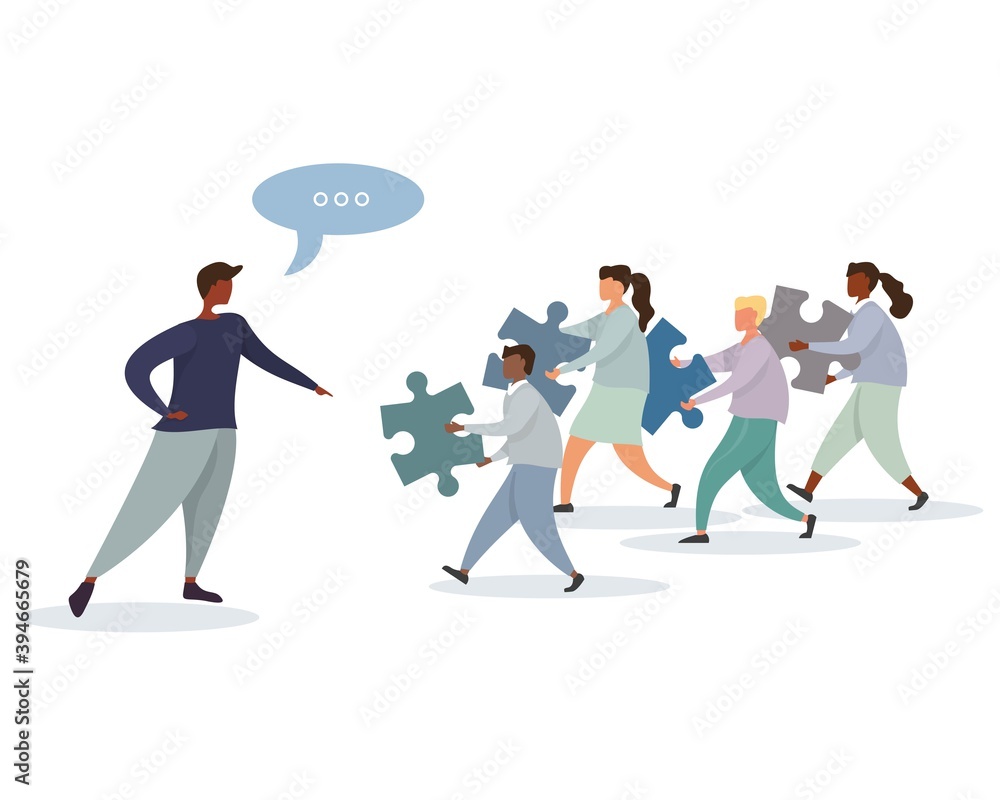 Fototapeta premium Character business leader flat puzzle concept design. Business flat team building template. Flat character Isolated flat. Abstract concept graphic element. Teamwork different races people concept
