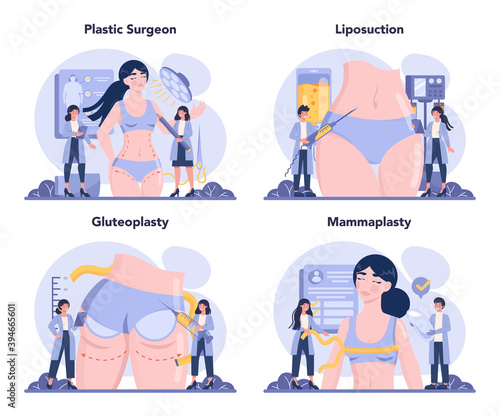 Plastic surgery concept set. Idea of body correction. Breast