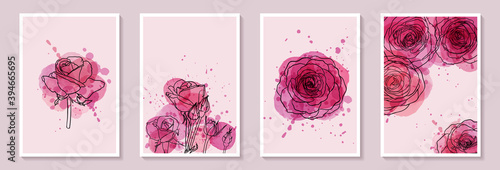 Set of creative minimalist hand draw illustrations floral outline with pink watercolor stain and splash. Design for wall decoration, postcard or brochure cover design