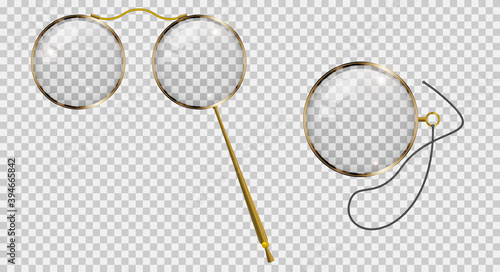 Gold monocle on a cord, gold lorgnette on the handle. 3D vector illustration