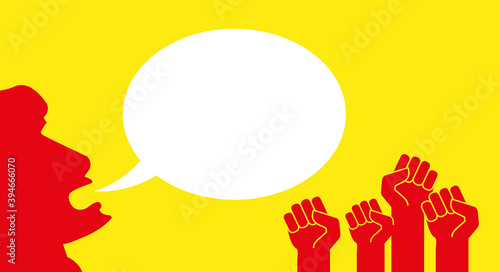 Red protest hands with raised fists. Leader makes a speech. Vector illustration