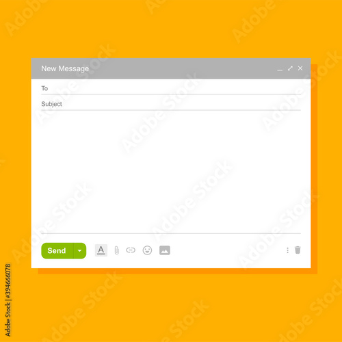 New message interface mockup. Email application ui screen with pop-up send window. Internet webpage illustration isolated on yellow background. Computer desktop screen.