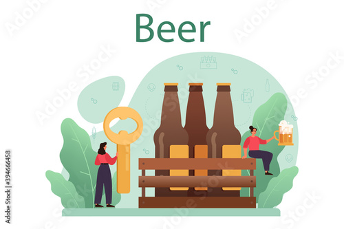 Beer concept. Glass bottle and vintage mug with craft alcohol