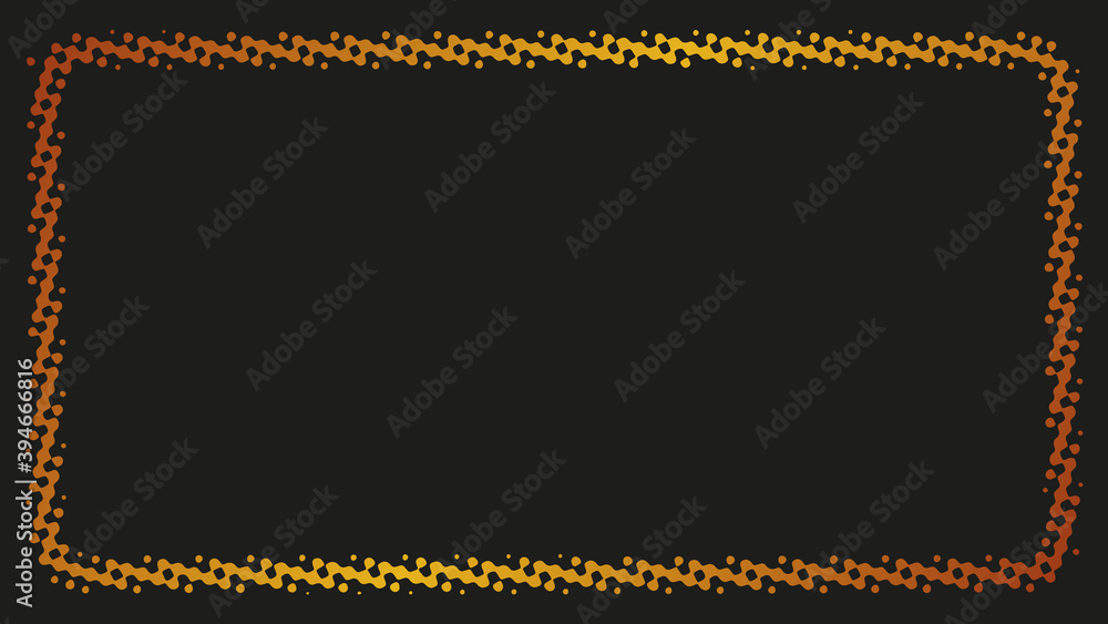 The contour of a golden rectangular frame in halftones on a black background. The contour of a golden rectangular frame in halftones on a black background.