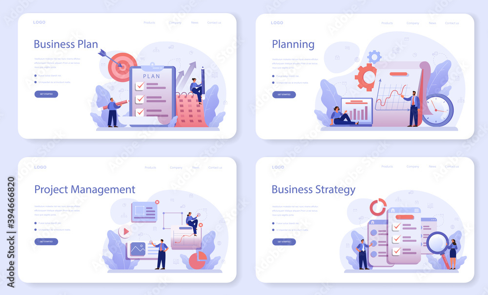 Business plan web banner or landing page set. Idea of business
