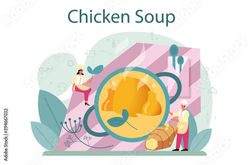 Chicken soup. Tasty meal and ready dish. Chicken meat