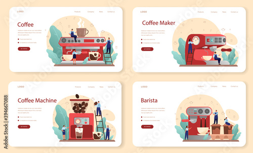 Coffee web banner or landing page set. Barista making a cup of hot