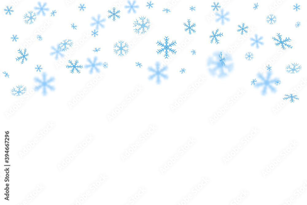 Snowflakes are blue, blurry, transparent. Vector illustration of a winter snow background. Decorative decoration for Christmas and new year. With space for text.