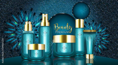 Beauty product ad design, blue cosmetic containers with holiday concept advertising background ready to use, luxury skin care banner, illustration vector.