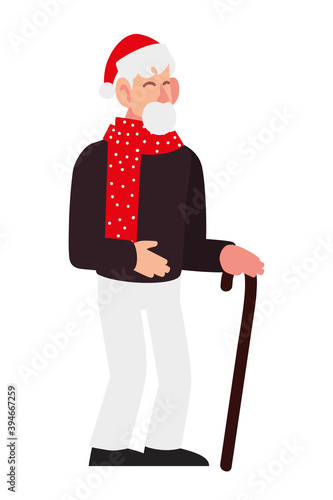 merry christmas old man with hat and walk stick character cartoon