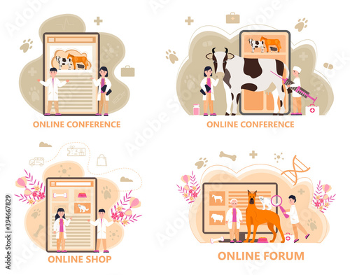 Pet shop online and application of store. Veterinarian concept vector set. Cat health care, vet online conference installation for website on laptop.