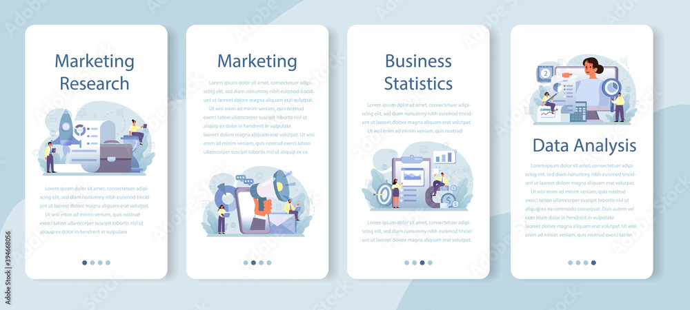 Marketing research mobile application banner set. Statistics analysis