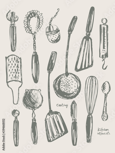 Hand drawn kitchen utensils set