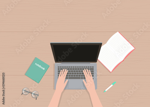Vector illustration in flat cartoon style of hands, laptop top view and place for text. For poster, design of page site, web and advertising banner, article, card or flyer, promotion, mailing.