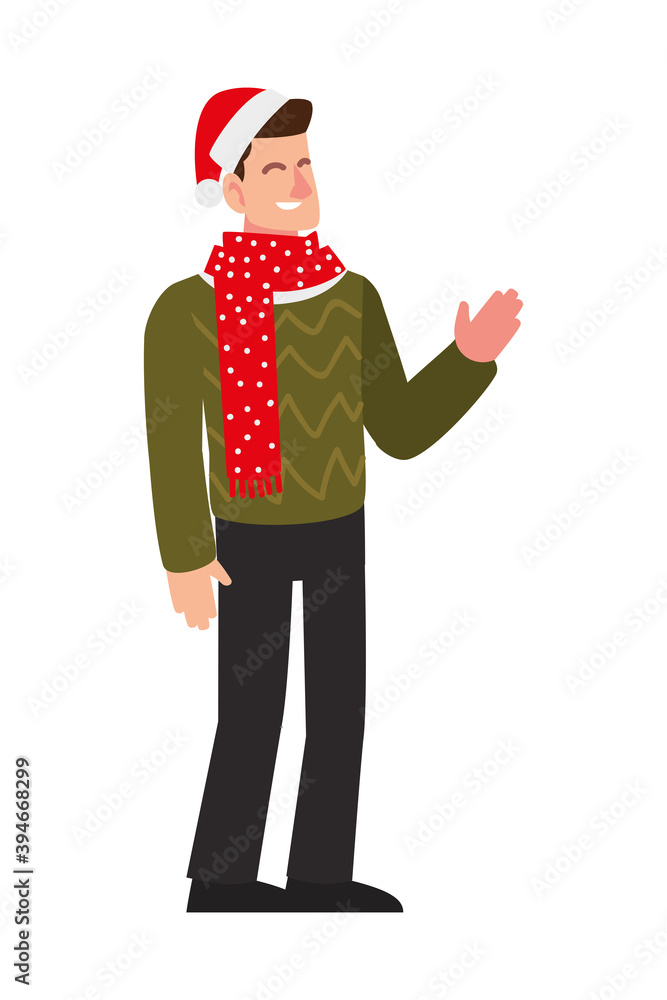 merry christmas man with hat and dotted scarf character cartoon