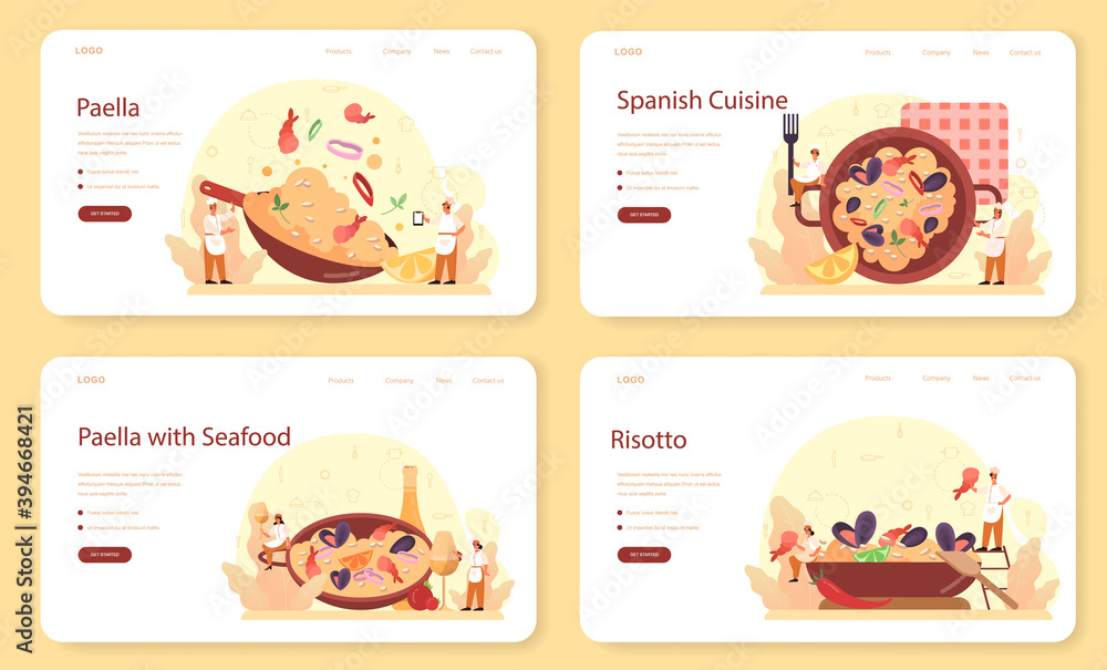 Paella web banner or landing page set. Spanish traditional dish