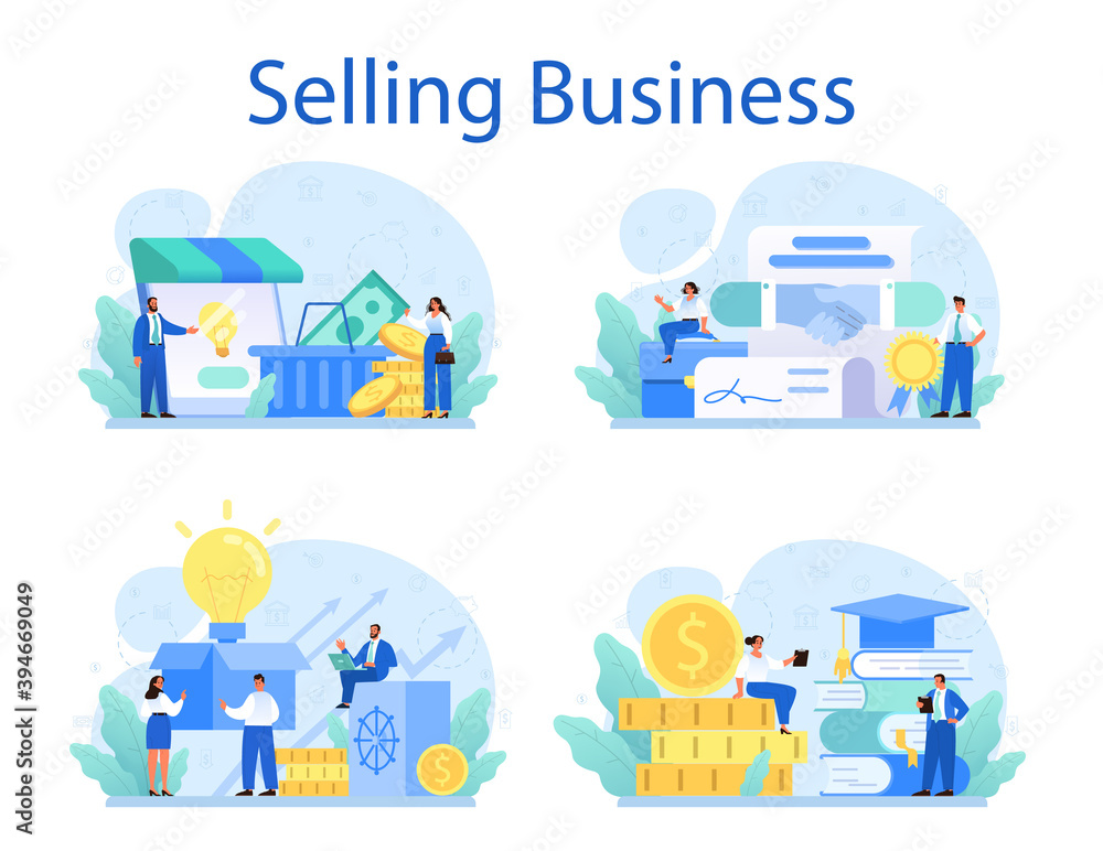 Selling business set. B2B or business to business deal. Selling