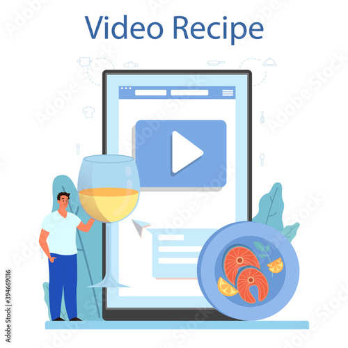 Salmon steak online service or platform. Chef cooking grilled