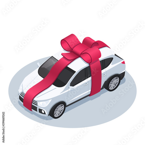 isometric vector illustration isolated on white background, car with big red bow, super prize