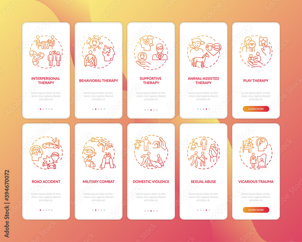 Psychotherapy kinds, PTSD causes onboarding mobile app page screen with concepts set. Posttraumatic disorder walkthrough 5 steps graphic instructions. UI vector template with RGB color illustrations