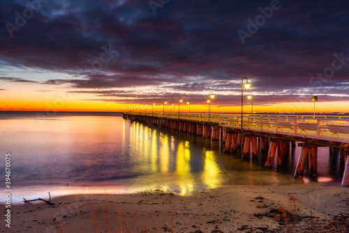 Beautiful landscape with wooden pier in Gdynia Orlowo before sunrise  Poland