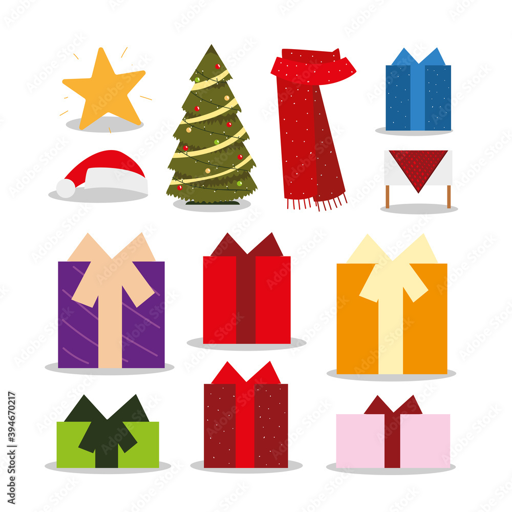 merry christmas icons set tree scarf gifts star decoration merry christmas icons set tree scarf gifts star decoration