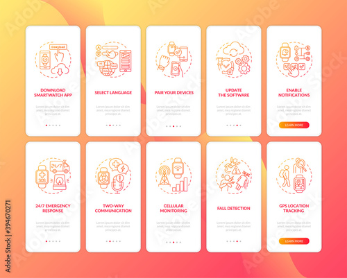 Smart watch setup hints onboarding mobile app page screen with concepts set. Pairing devices, fall detection walkthrough 5 steps graphic instructions. UI vector template with RGB color illustrations