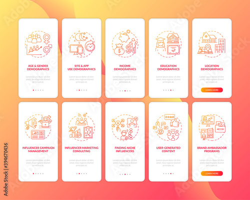 Social media demographics onboarding mobile app page screen with concepts set. Marketing technologies walkthrough 5 steps graphic instructions. UI vector template with RGB color illustrations