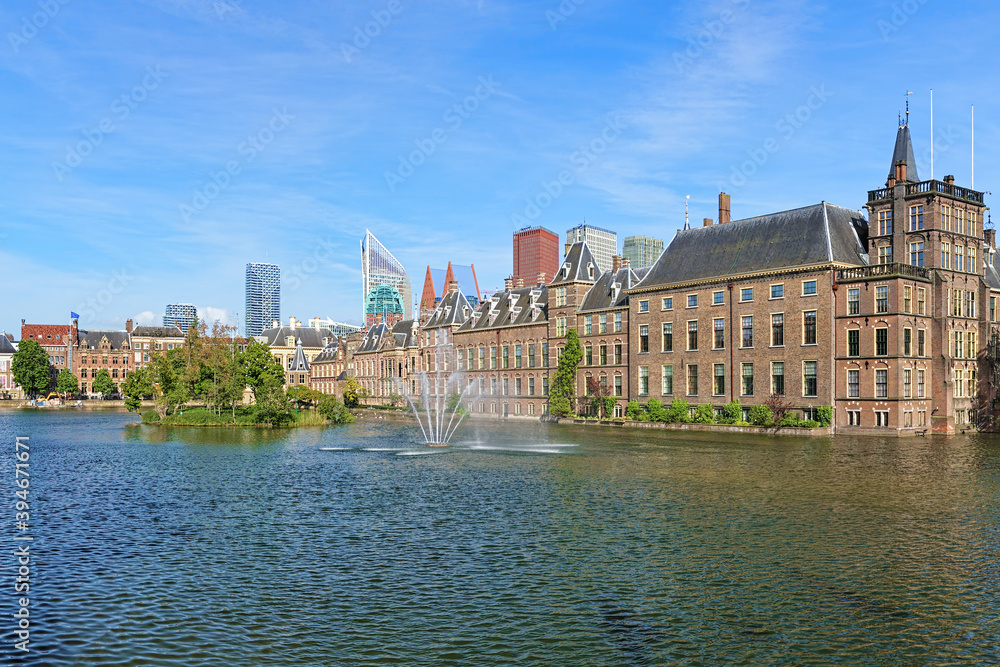 The Binnenhof complex on the shore of Hofvijver Pond (Court Pond) in The Hague, Netherlands