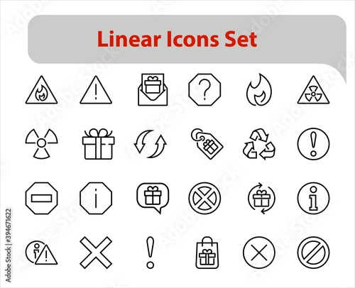 WARNINGS simple set of thin line vector icons. Contains icons such as warning, exclamation mark, reuse, warning sign and more. Editable stroke. Vector illustration