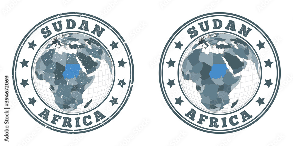 Sudan round logos. Circular badges of country with map of Sudan in world context. Plain and textured country stamps. Vector illustration. Sudan round logos. Circular badges of country with map of Sudan in world context. Plain and textured country stamps. Vector illustration.