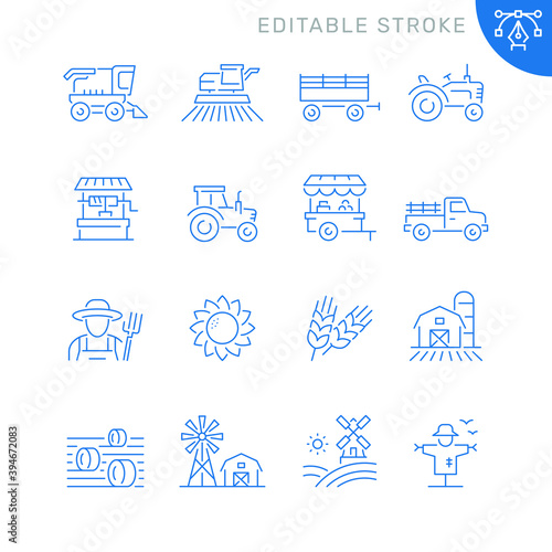 Farming and agriculture related icons. Editable stroke. Thin vector icon set