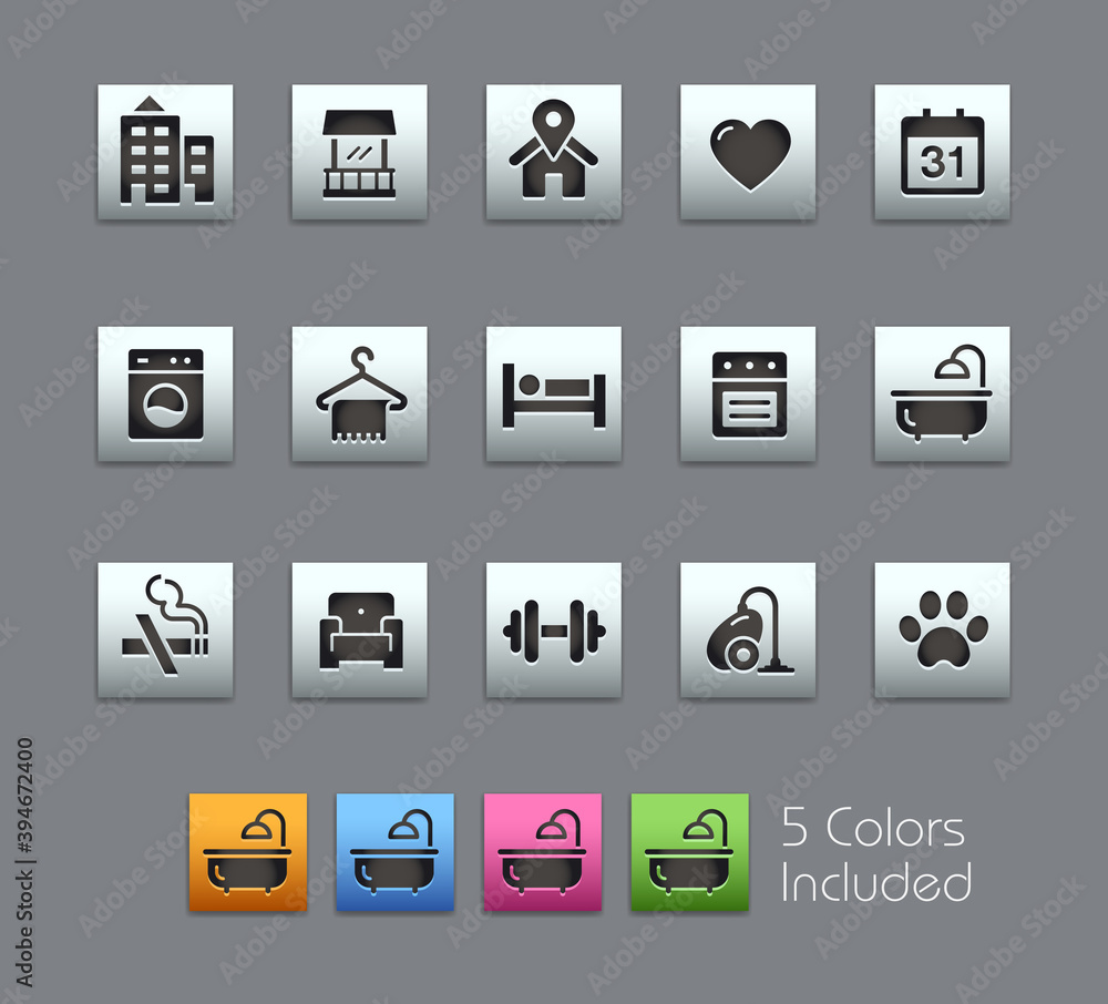 Hotel and Rentals Icons 2 of 2 // Satinbox Series - The vector file includes 5 color versions for each icon in different layers.