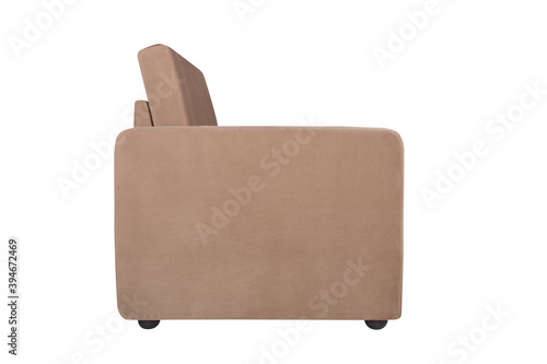 side view of light brown armchair furniture isolated on white background