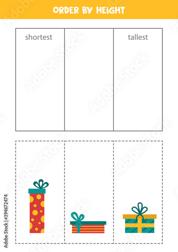 Match Christmas presents by height. Logical worksheet.