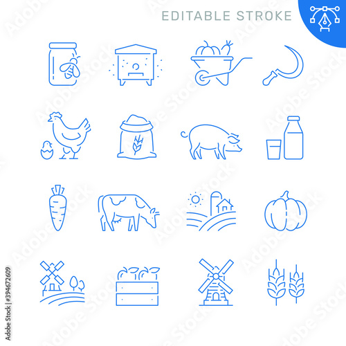 Farming and agriculture related icons. Editable stroke. Thin vector icon set