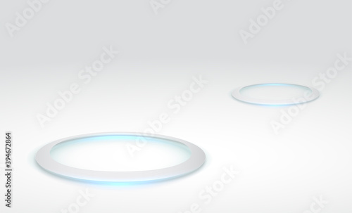Abstract hi-tech background for display product. Round pedestal podium on white background. Futuristic product stand template. Glowing ring on floor. Circle teleport podium. Vector Illustration.