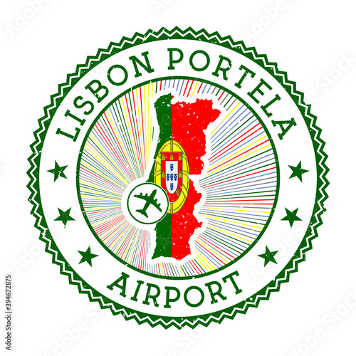 Lisbon Portela Airport stamp. Airport logo vector illustration. Lisbon airport with country flag.